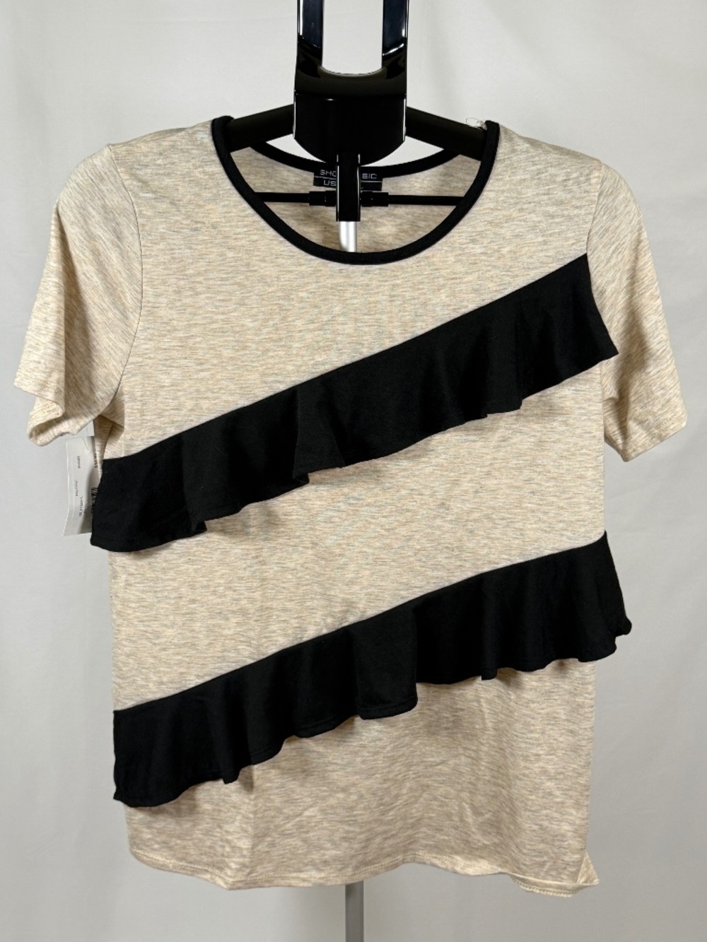 NWT Shop Basic USA Large Oatmeal Black Ruffle Knit Top